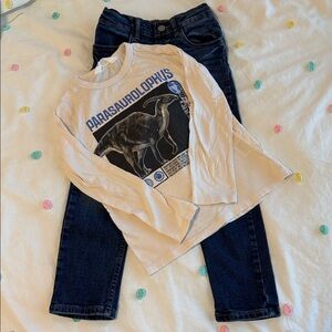 H&M Outfit Dark Blue Denim Jeans and Long Sleeve Dinosaur Shirt